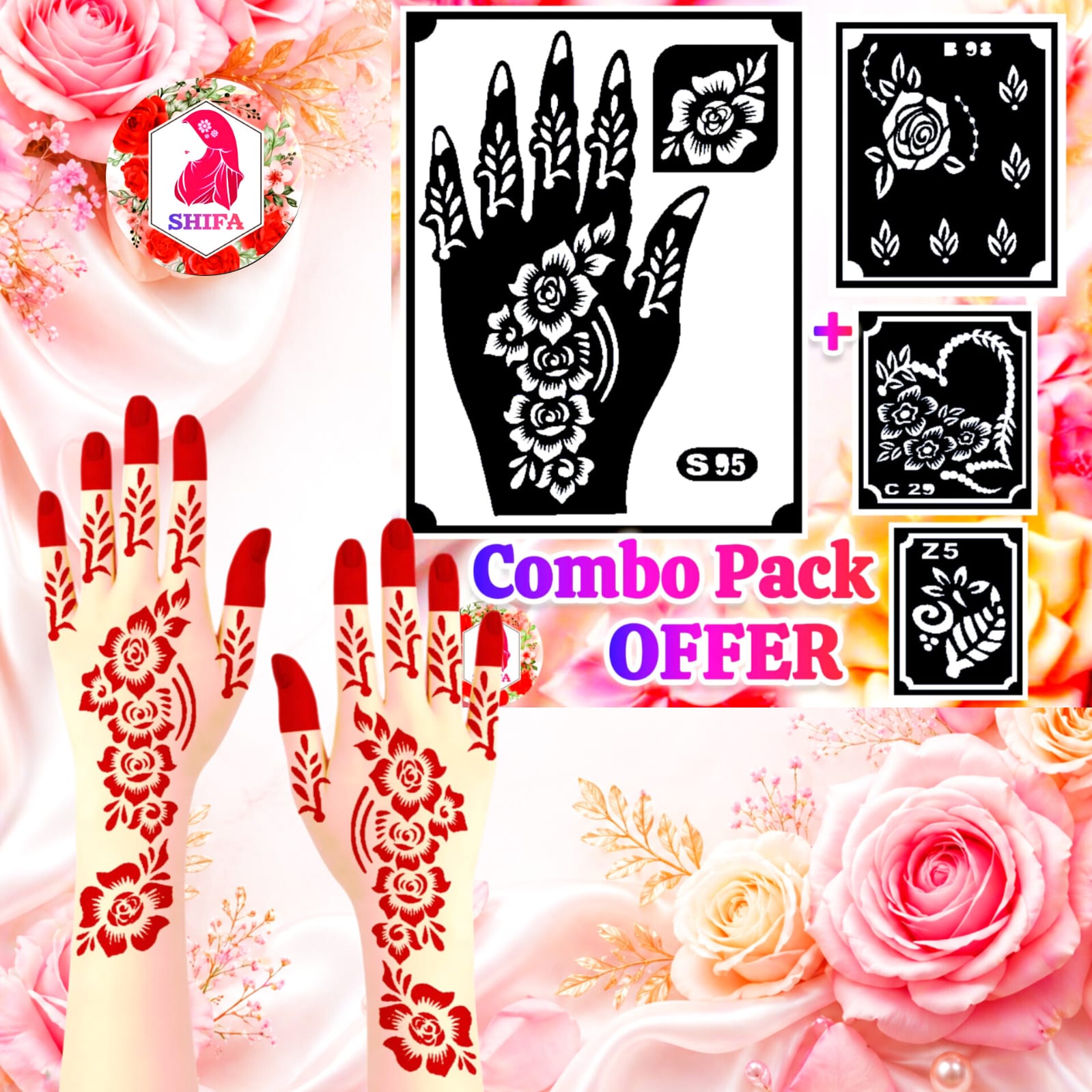 S95 Combo Henna Stencil Pack | B93 Finger | C29 Floral | Z5 Mehndi Design Stencils Sticker Overview Henna Stencil - Shifa Stencil